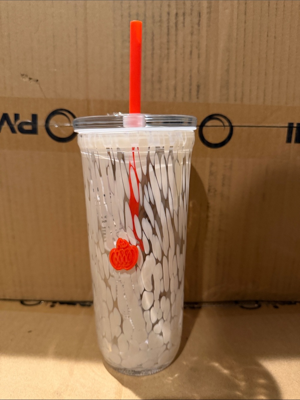 Starbucks White Speckle Acrylic Tumbler with Orange Straw and Pumpkin Accent